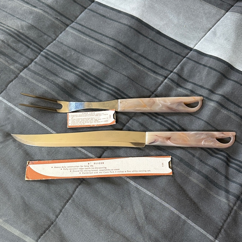 Tupperware Vintage Carving Knife and Fork Set with Marble like plastic Handles
